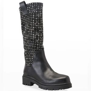 Rene Caovilla 8 Crystal Stud Tall Moto Boots Leather Embellishments